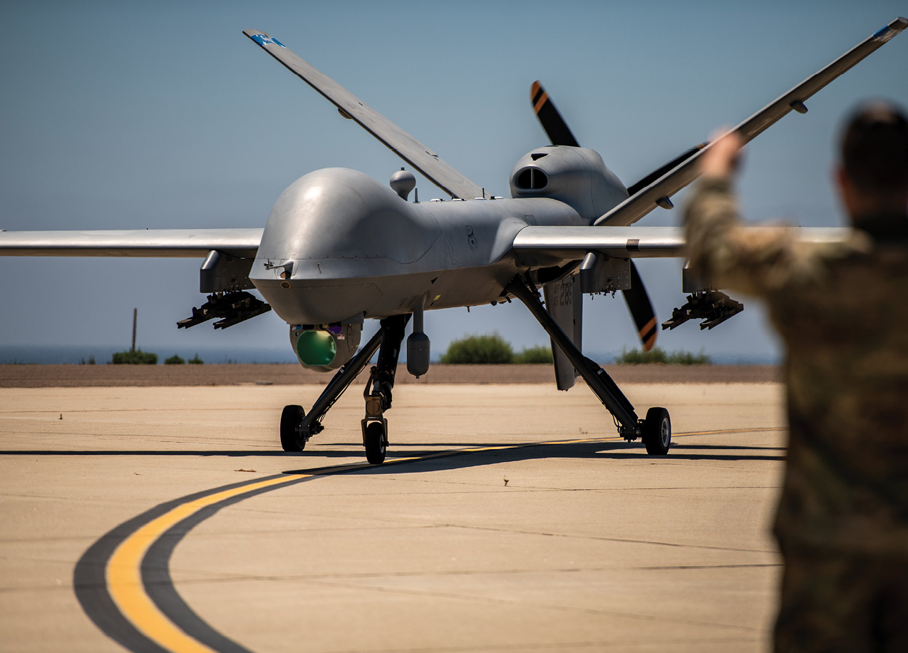 MQ-9 Reaper assigned to 163rd Attack Wing completes autonomous landing and taxies to maintenance position on San Clemente Island,California, June 23, 2022 (U.S. Air National Guard/Joseph Pagan)